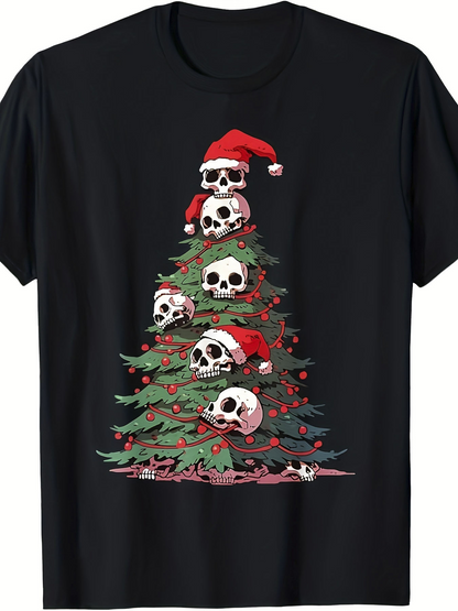 Men's Graphic T-Shirt Festive Skulls Wearing Red Santa Hats On Christmas Tree