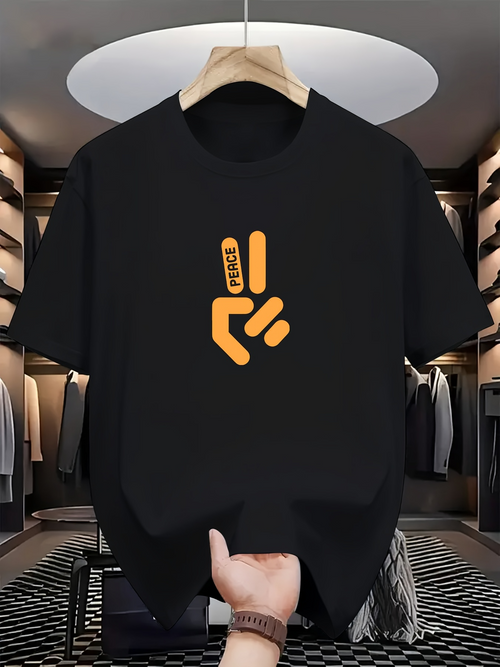 Men's Graphic T-Shirt Peace Gesture With Abstract Lines Surrounded By Orange Modern Hand Symbol