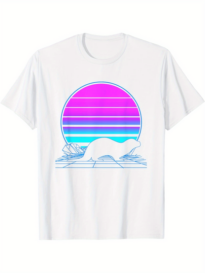 Men's Graphic T-Shirt Pastel Neon Sunset With Ocean Waves Framing Minimal Mountain Landscape