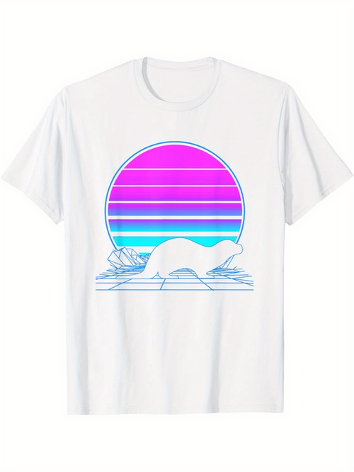 Men's Graphic T-Shirt Pastel Neon Sunset With Ocean Waves Framing Minimal Mountain Landscape