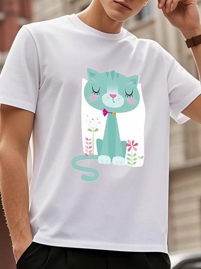 Men's Graphic T-Shirt Playful Blue Cat With Bow Sitting Among Whimsical Flowers Cat