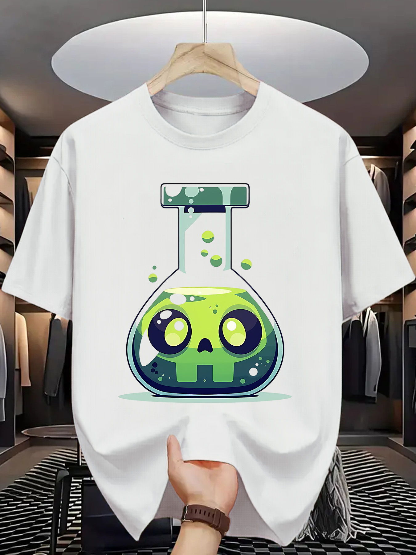Men's Graphic T-Shirt Glowing Green Liquid With Cute Cartoon Face Flask