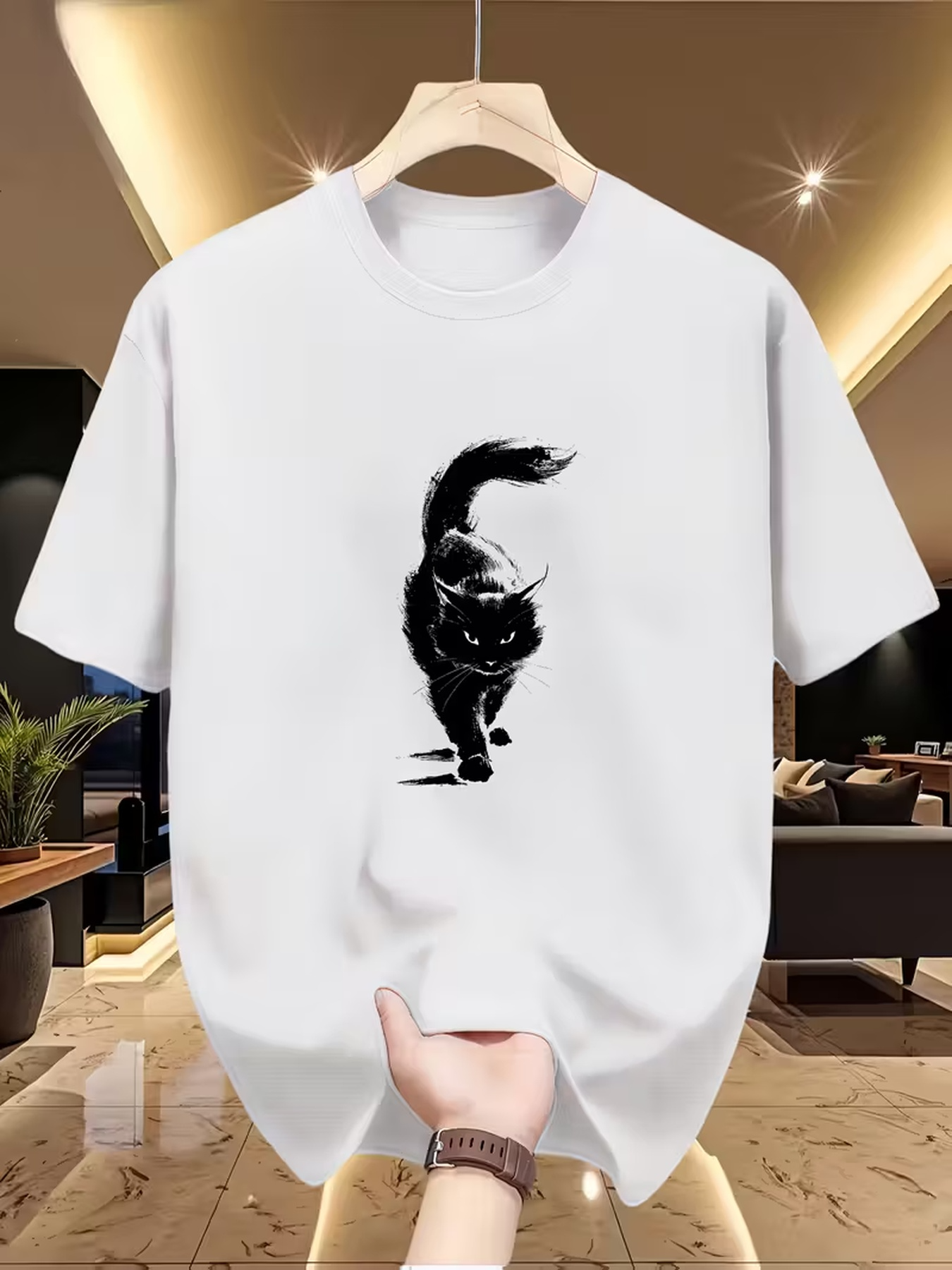 Men's Graphic T-Shirt Ink Brush Shadows And Light Surrounding A Walking Cat