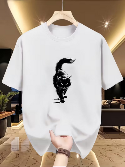 Men's Graphic T-Shirt Ink Brush Shadows And Light Surrounding A Walking Cat