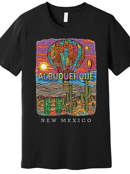 Men's Graphic T-Shirt Albuquerque Desert With Vibrant Sunsets Hot Air Balloon And Cactus