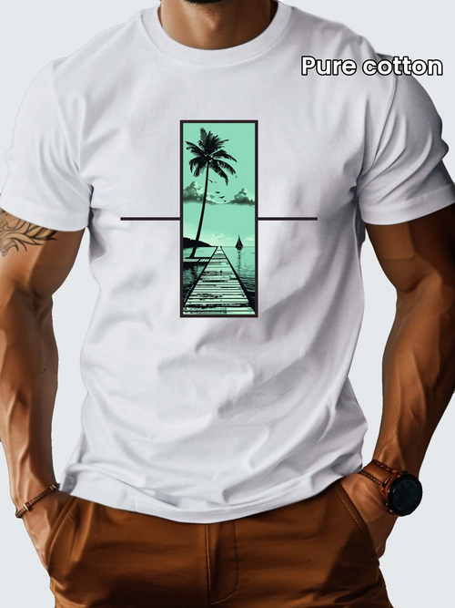 Men's Graphic T-Shirt Pure Cotton Serene Ocean Pier With Palm Trees And Distant Mountains