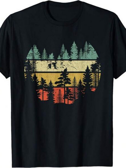 Men's Graphic T-Shirt Vintage Sunset With Tall Pine Trees And Forest Landscape Silhouette