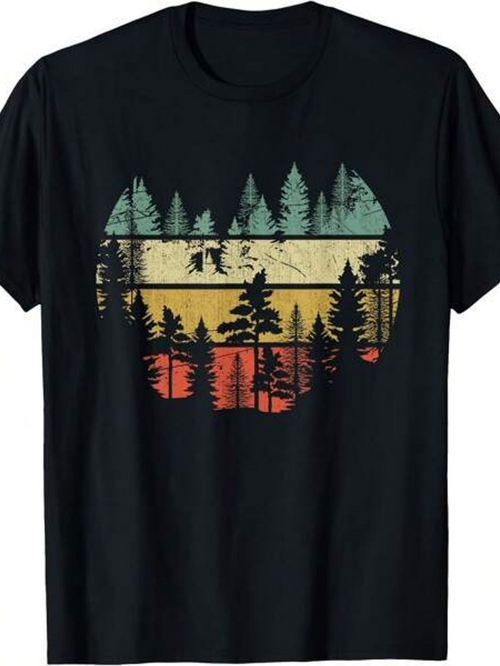 Men's Graphic T-Shirt Vintage Sunset With Tall Pine Trees And Forest Landscape Silhouette