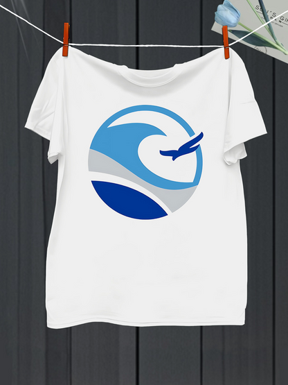 Men's Graphic T-Shirt Sweeping Blue Ocean Wave With Flying Jetliner In Circular Emblem