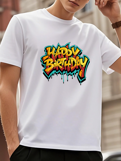 Men's Graphic T-Shirt Happy Birthday Colorful Graffiti Style Letters With Urban Dripping Paint Wall Text