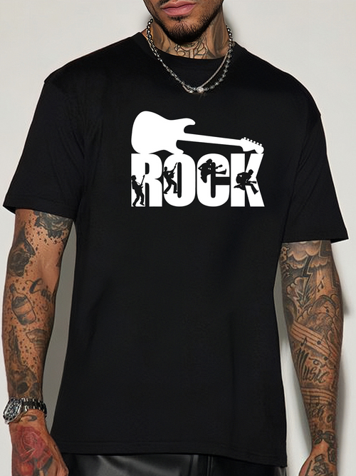 Men's Graphic T-Shirt Rock Silhouette Guitar With Musicians Dancing Inside Four Letters