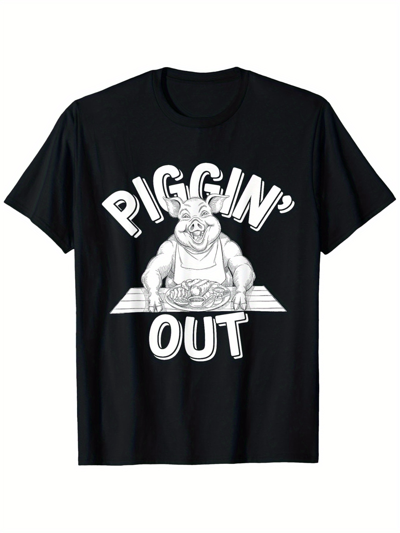 Men's Graphic T-Shirt Piggin Out Happy Cartoon Pig Feasting At A Table