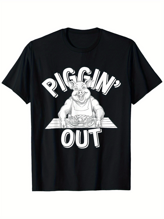 Men's Graphic T-Shirt Piggin Out Happy Cartoon Pig Feasting At A Table