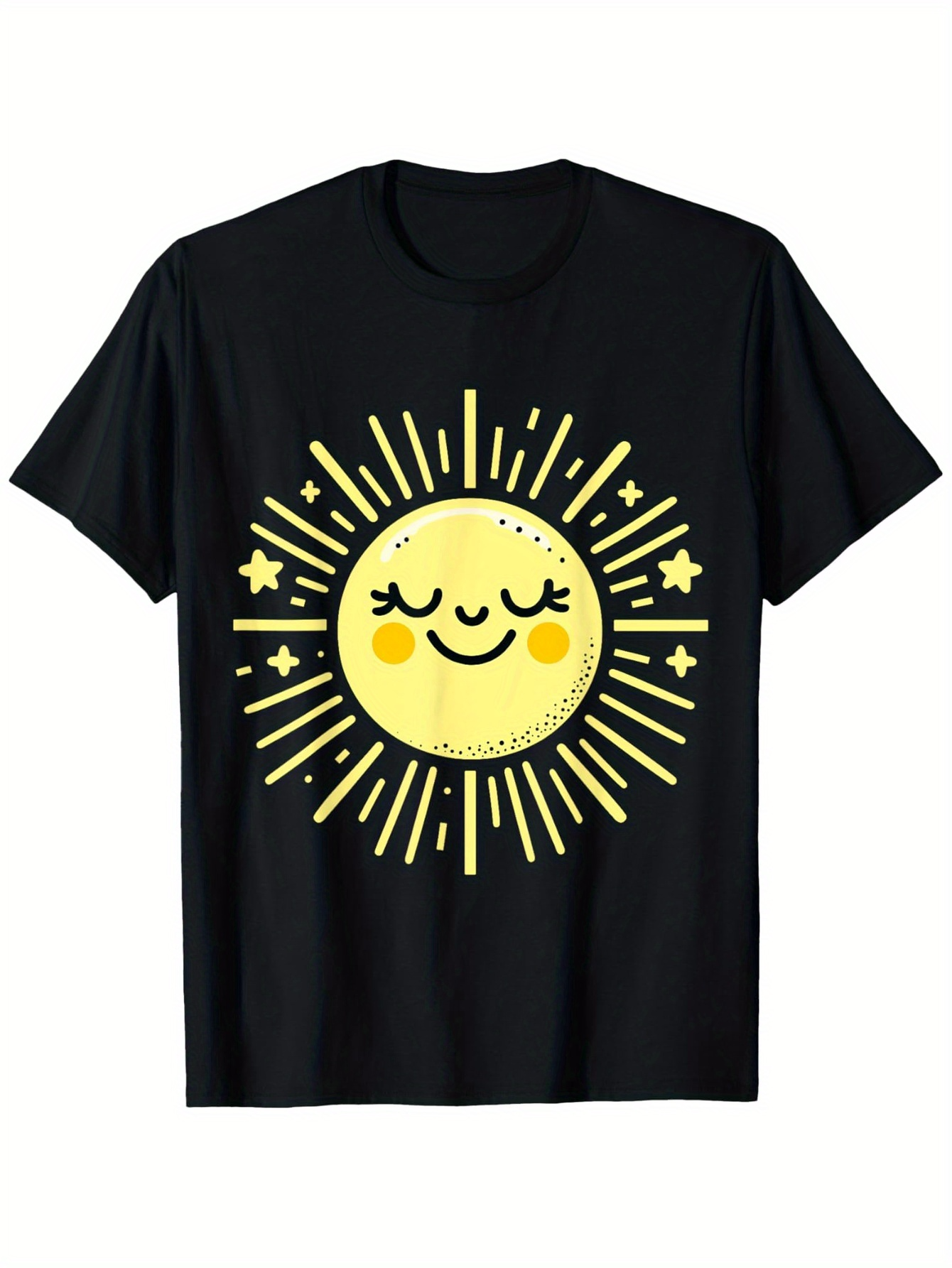 Men's Graphic T-Shirt Happy Yellow Sun Radiating Light Surrounded By Stars On Black Shirt Sun