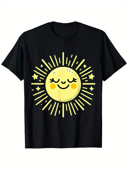Men's Graphic T-Shirt Happy Yellow Sun Radiating Light Surrounded By Stars On Black Shirt Sun