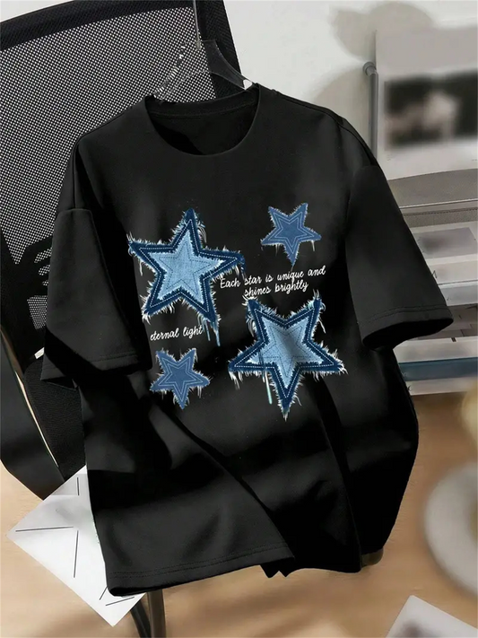 Men's Graphic T-Shirt Shining Blue Decorative Stars With Painted Lettering On Dark Fabric T Shirt