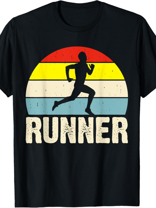 Men's Graphic T-Shirt Runner With Vintage Sunset And Silhouette Athlete Under Retro Colored Sky