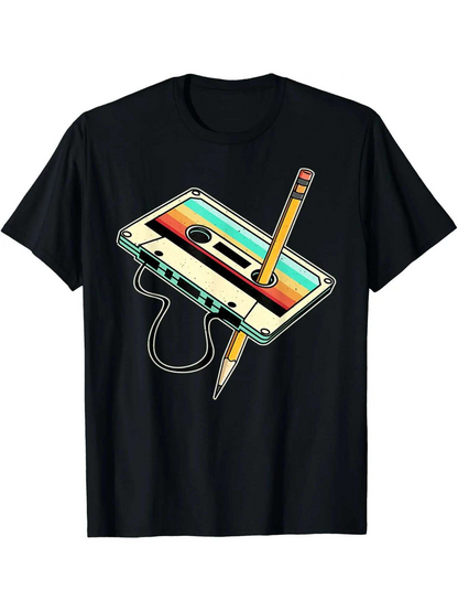 Men's Graphic T-Shirt Retro Rainbow Vintage Cassette With Yellow Wooden Pencil