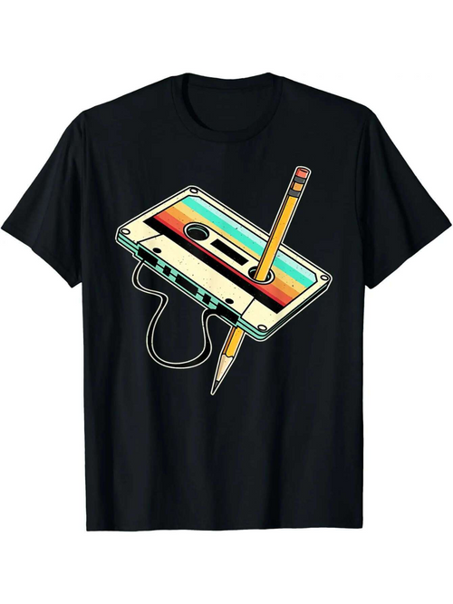 Men's Graphic T-Shirt Retro Rainbow Vintage Cassette With Yellow Wooden Pencil