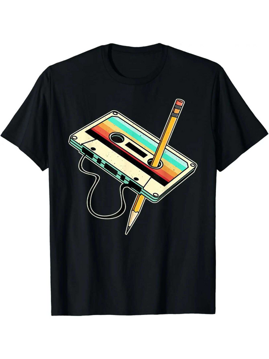 Men's Graphic T-Shirt Retro Rainbow Vintage Cassette With Yellow Wooden Pencil