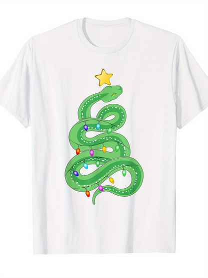 Men's Graphic T-Shirt Colorful Christmas Lights Wrapped Around Green Snake