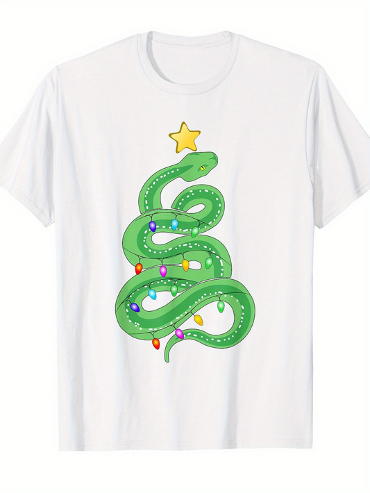 Men's Graphic T-Shirt Colorful Christmas Lights Wrapped Around Green Snake