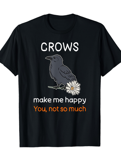 Men's Graphic T-Shirt Crows Perched On Daisies With Playful Happy Lettering Crow