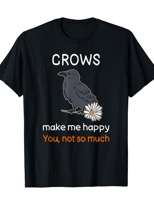 Men's Graphic T-Shirt Crows Perched On Daisies With Playful Happy Lettering Crow