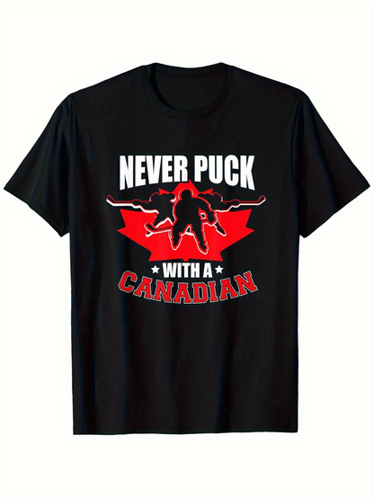 Men's Graphic T-Shirt Never Puck With A Canadian Red Leaf Silhouette With Hockey Player Black Shirt