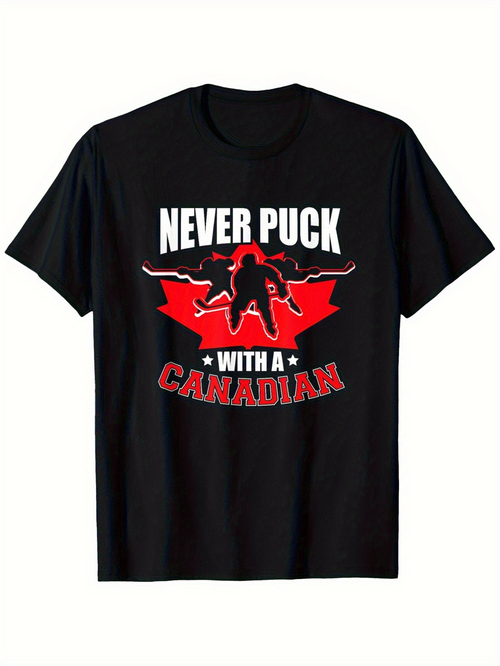 Men's Graphic T-Shirt Never Puck With A Canadian Red Leaf Silhouette With Hockey Player Black Shirt