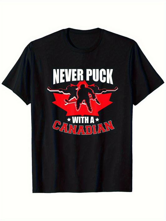 Men's Graphic T-Shirt Never Puck With A Canadian Red Leaf Silhouette With Hockey Player Black Shirt