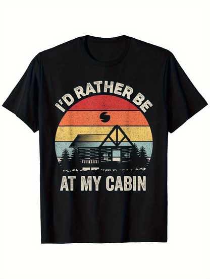 Men's Graphic T-Shirt Retro Sunset With Silhouetted Pine Trees Framing Wooden Lakeside Cabin