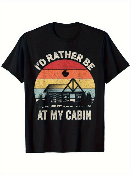 Men's Graphic T-Shirt Retro Sunset With Silhouetted Pine Trees Framing Wooden Lakeside Cabin
