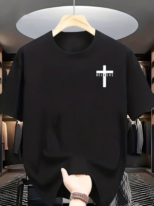 Men's Graphic T-Shirt Minimal White Cross With Bold Lettering Over Solid Fabric Cross