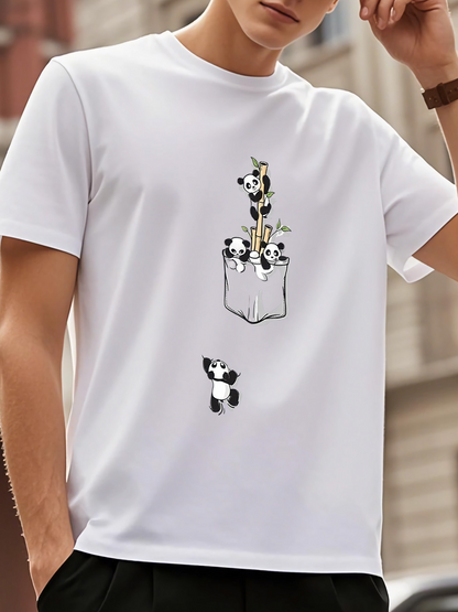 Men's Graphic T-Shirt Cartoon Pocket Illustrations With Playful Black And White Panda Cubs