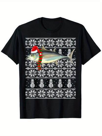 Men's Graphic T-Shirt Christmas Patterned Snowflakes With Santa Hat Wearing Fish