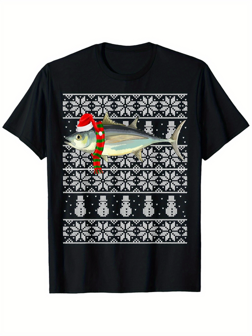 Men's Graphic T-Shirt Christmas Patterned Snowflakes With Santa Hat Wearing Fish