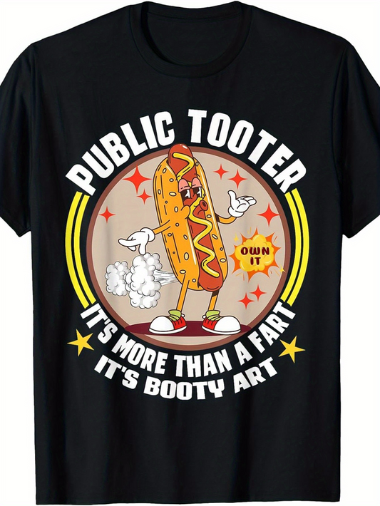 Men's Graphic T-Shirt Public Tooter Cartoon Hot Dog Farting With Text And Colorful Retro Circle