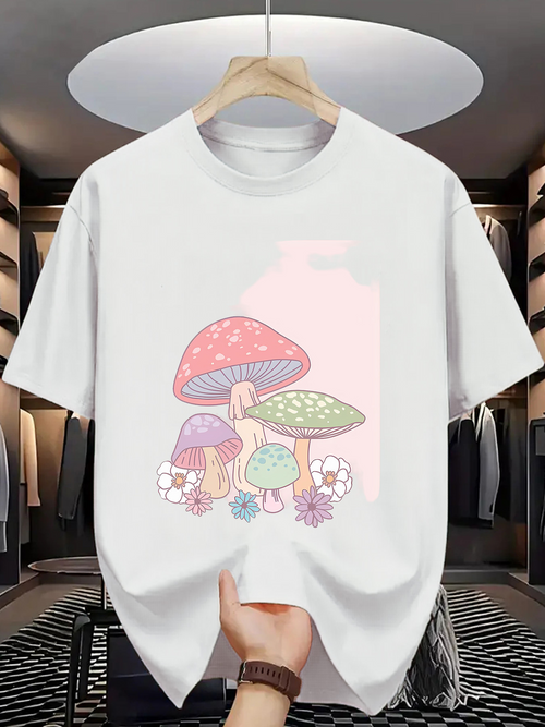 Men's Graphic T-Shirt Colorful Garden With Pastel Flowers And Three Whimsical Mushrooms