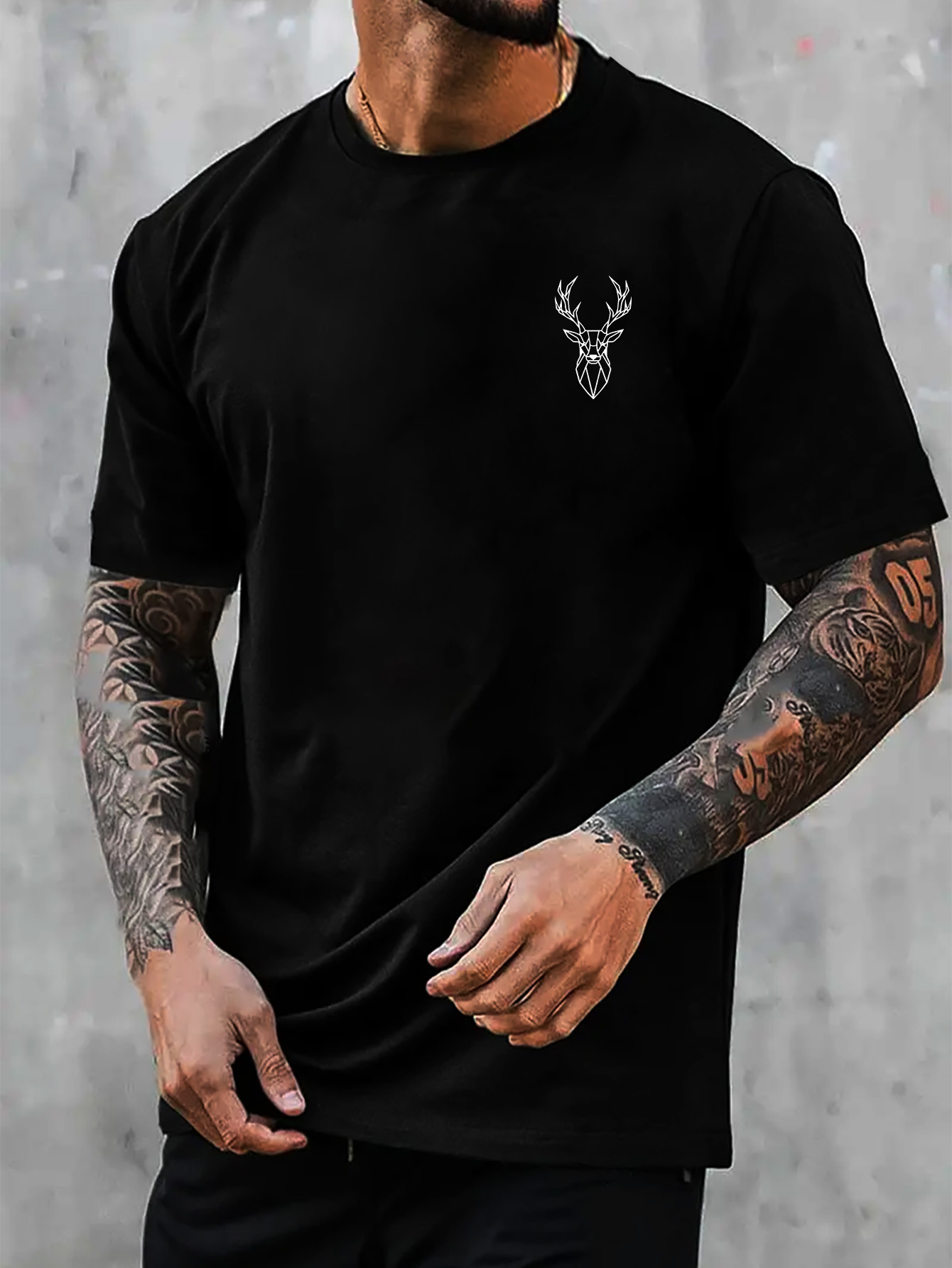 Men's Graphic T-Shirt Minimal Outline Drawing With Symmetrical Antlers Above A Majestic Deer