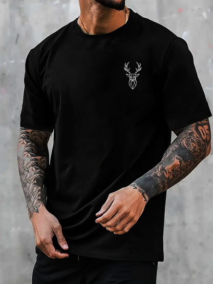 Men's Graphic T-Shirt Minimal Outline Drawing With Symmetrical Antlers Above A Majestic Deer