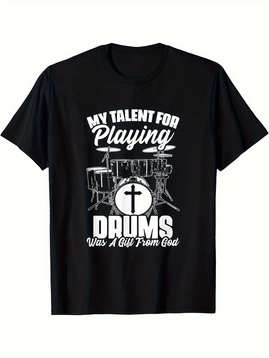 Men's Graphic T-Shirt My Talent For Playing Drums With Religious Cross And Drum Set