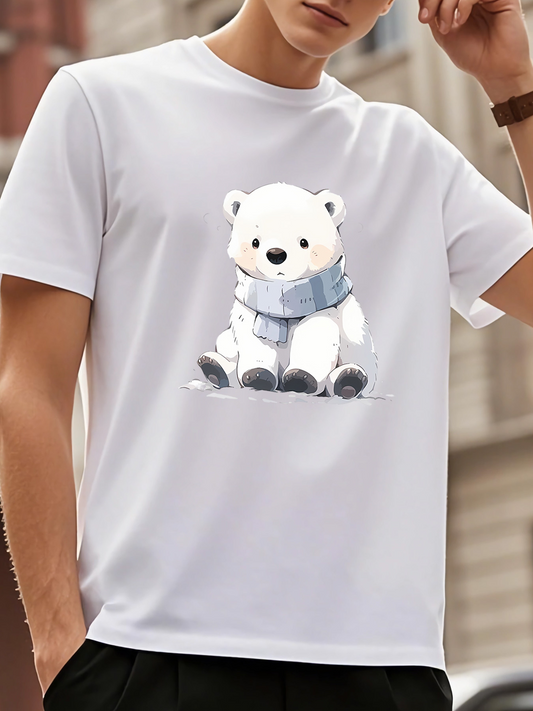 Men's Graphic T-Shirt Adorable Fluffy Polar Bear Wearing Blue Knitted Scarf In Winter Snow