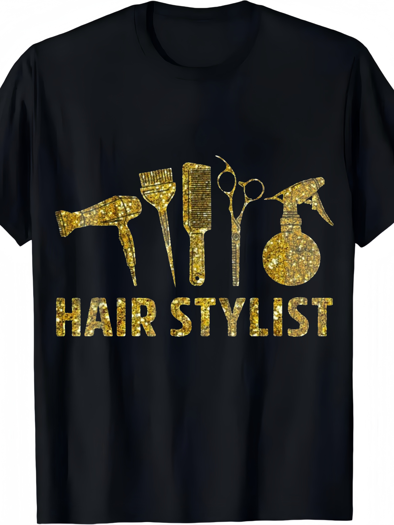 Men's Graphic T-Shirt Hair Stylist Gold Glitter Tools And Text On Black T Shirt