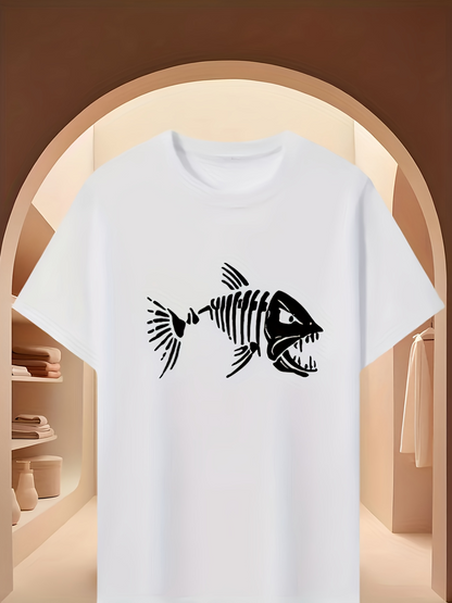Men's Graphic T-Shirt Monochrome Bold Skeleton Outline Fierce Predatory River Fish