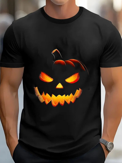 Men's Graphic T-Shirt Glowing Halloween Pumpkin Face With Evil Grin In Darkness Pumpkin