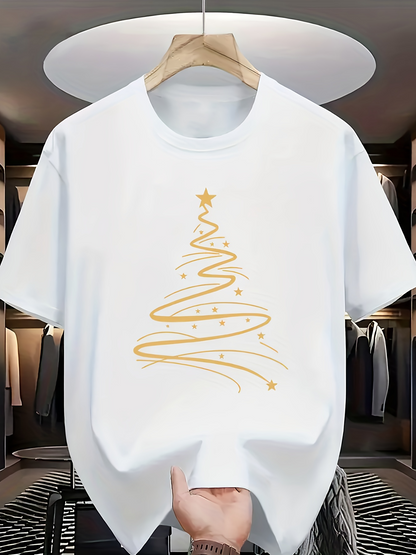 Men's Graphic T-Shirt Golden Lines With Sparkling Stars Forming Elegant Christmas Tree