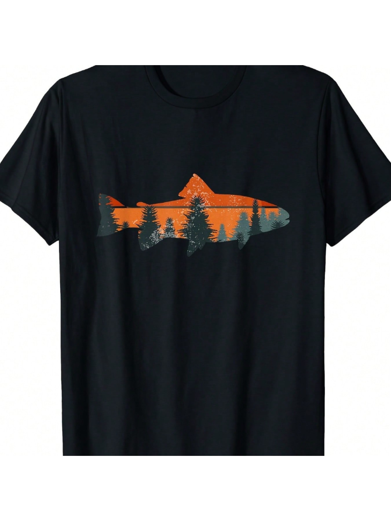 Men's Graphic T-Shirt Sunset Forest Landscape With Pine Trees And Majestic Fish Silhouette