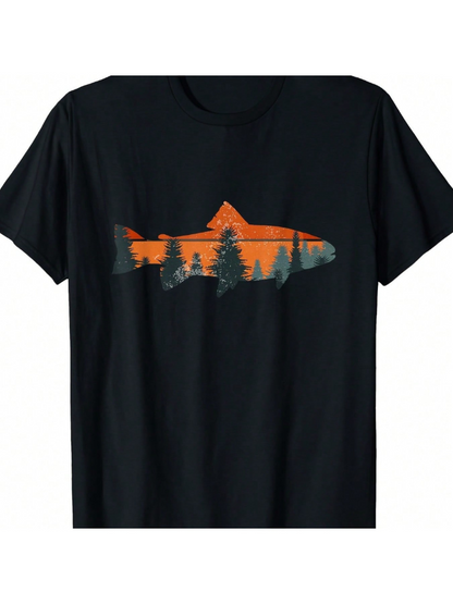 Men's Graphic T-Shirt Sunset Forest Landscape With Pine Trees And Majestic Fish Silhouette