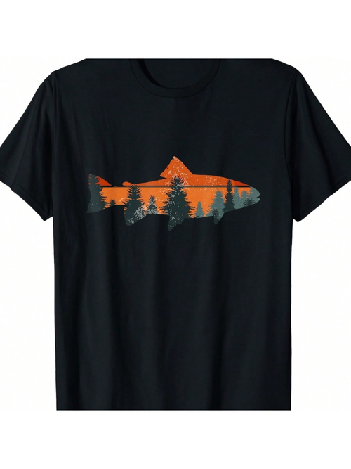 Men's Graphic T-Shirt Sunset Forest Landscape With Pine Trees And Majestic Fish Silhouette